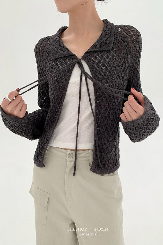 Hollow-Out Collared Tie-Waist Long-Sleeve Short Knit Cardigan
