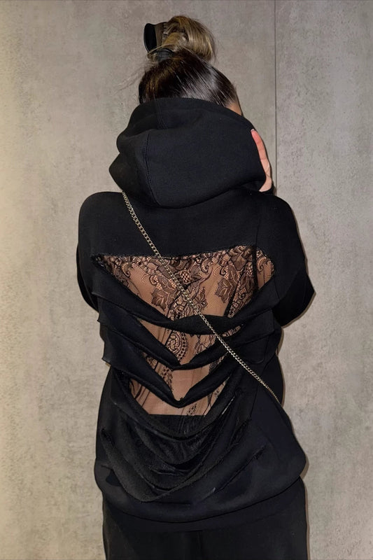 Lace Sheer Cutout Patchwork Hoodie