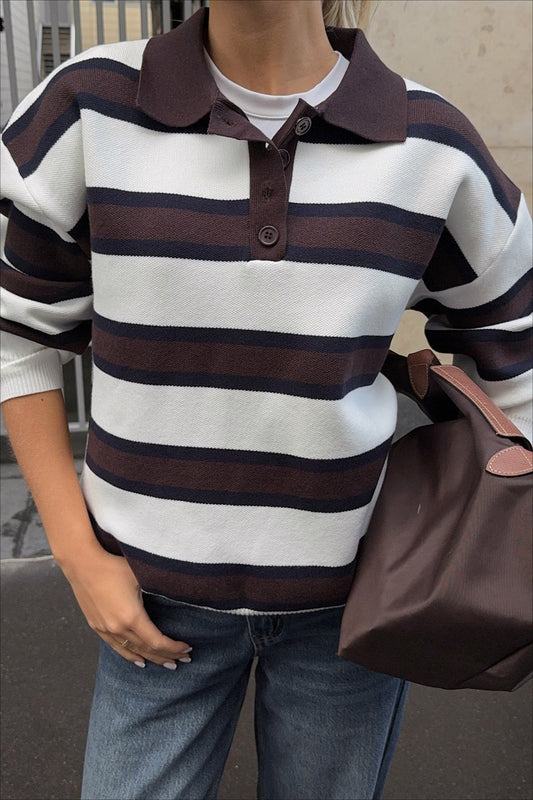 Striped Knit Polo Retro Loose Sweater