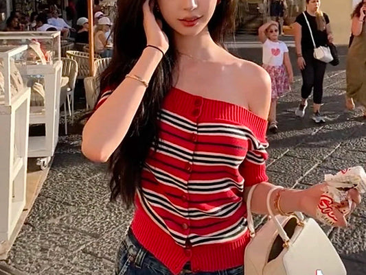Y2K Striped Knitted Off Shoulder Button-front Sweater Knit Top