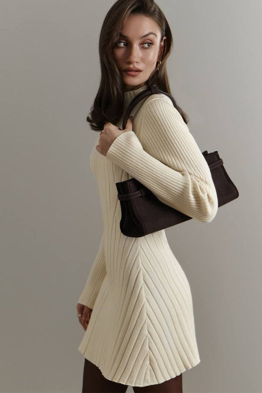 Elegant Playful Knit Mock Neck Long Sleeve A Line Mini Dress