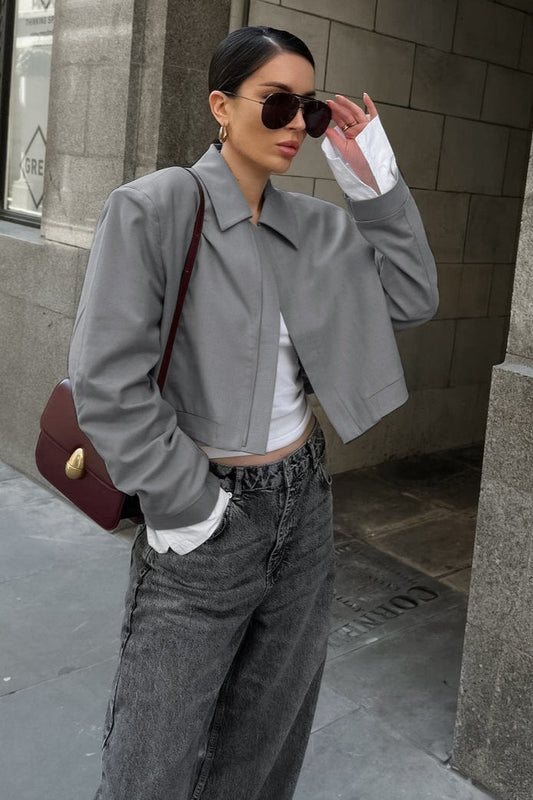 Gray Cropped Long Sleeve Jacket