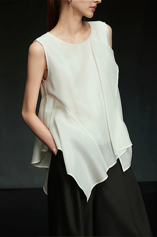 White Irregular Ruffle Sleeveless Blouse