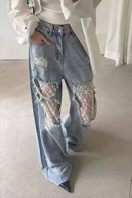 Lace Patchwork Wide Leg Jeans