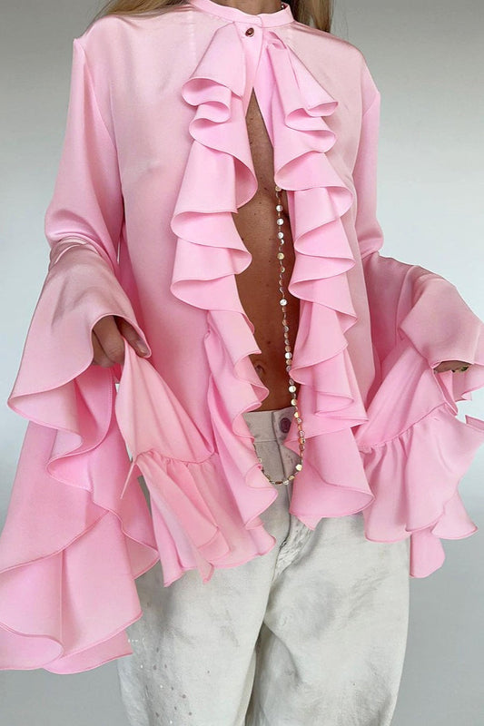 Elegant Ruffle Trim Button Bloshope