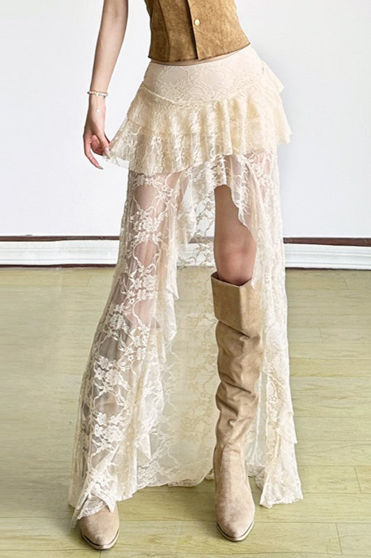 Lace Mesh High Waist Slit Skirt