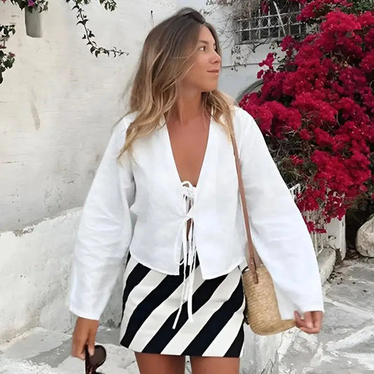 Green Linen Lace-Up Long Sleeve V-neck Bloshope