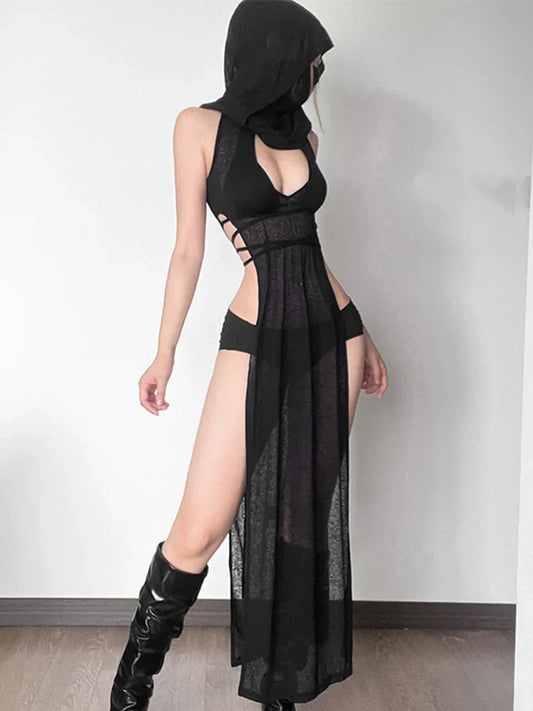 Transparent Excavated Hooded Full-Length Dress