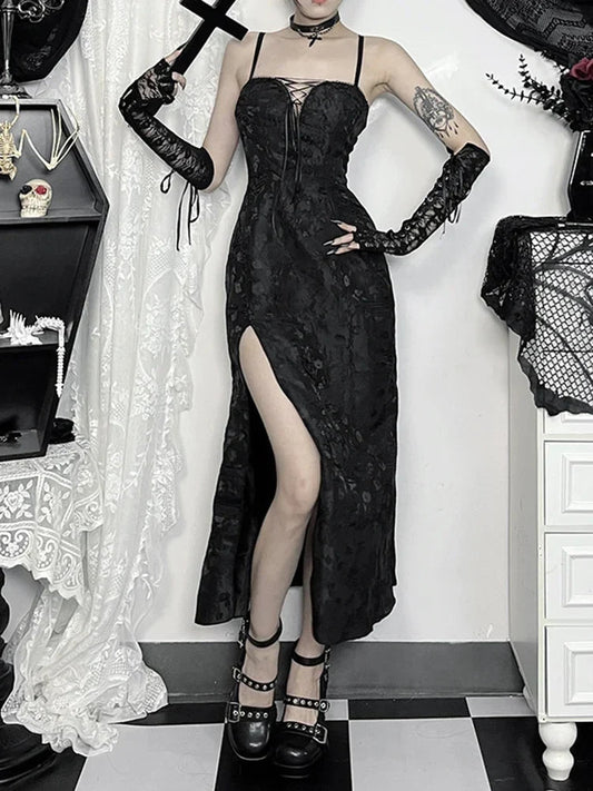 Tie-up Jacquard Thin Spaghetti Medium Dress