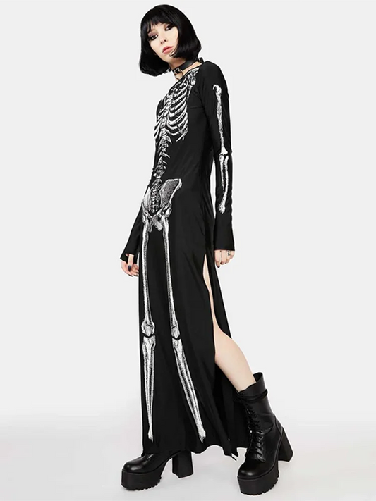 Skull Print Divided Sleeve Full-Length Dress