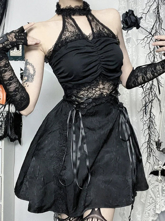 Lace Patchwork Halter Mini Dress