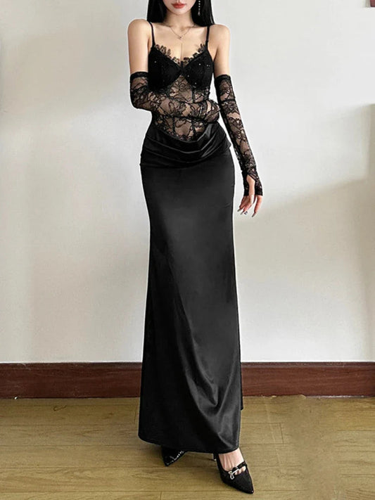 Seductive Bodice Lace Patchwork Elevated Waist Full-Length Dress