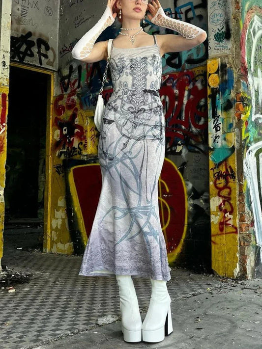 Emotional Y2K Butterfly Printed Tall Waist Full-Length Dress