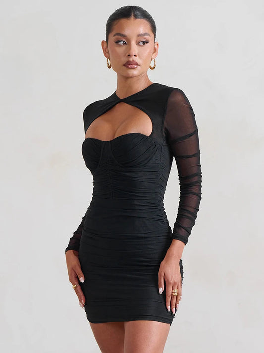 Mesh Pleated Wrap Mini Dress