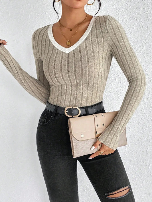 Slim Sexy V-Neck Neck Edge Clash Pullover Top Women