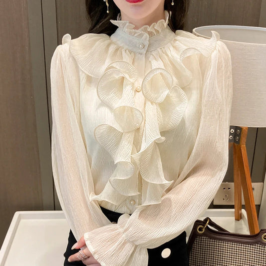 Autumn Ruffled Lace Chiffon Stand Collar Bloshope