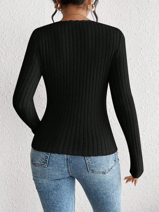 Diamond Collar Casual Knitted Long Sleeve T-shirt Women