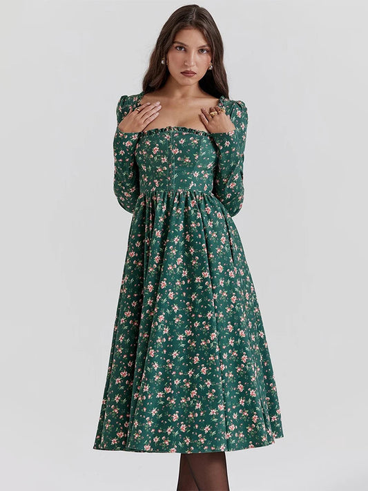 Floral Printed Backless Square Neck Midi Floral Dress
