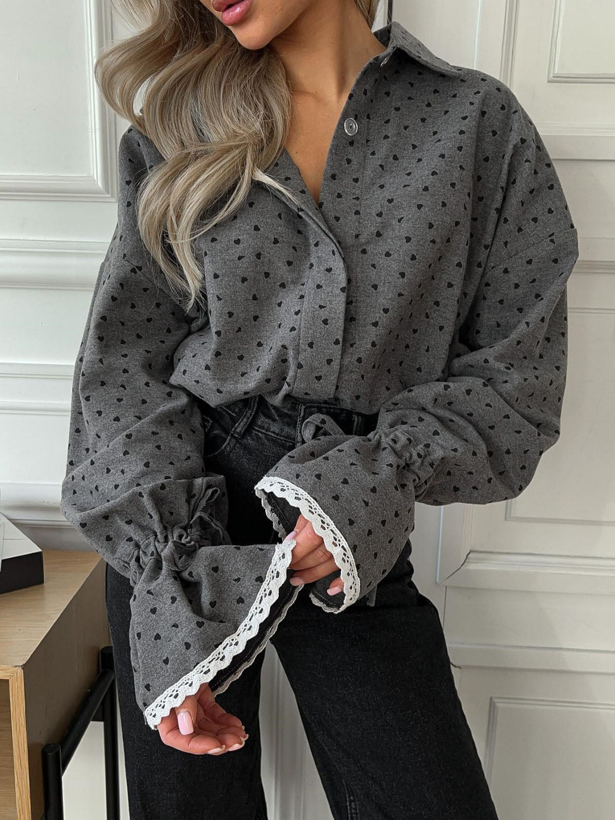 Women Heart Print Button Down Shirt Grey / XS Shirts