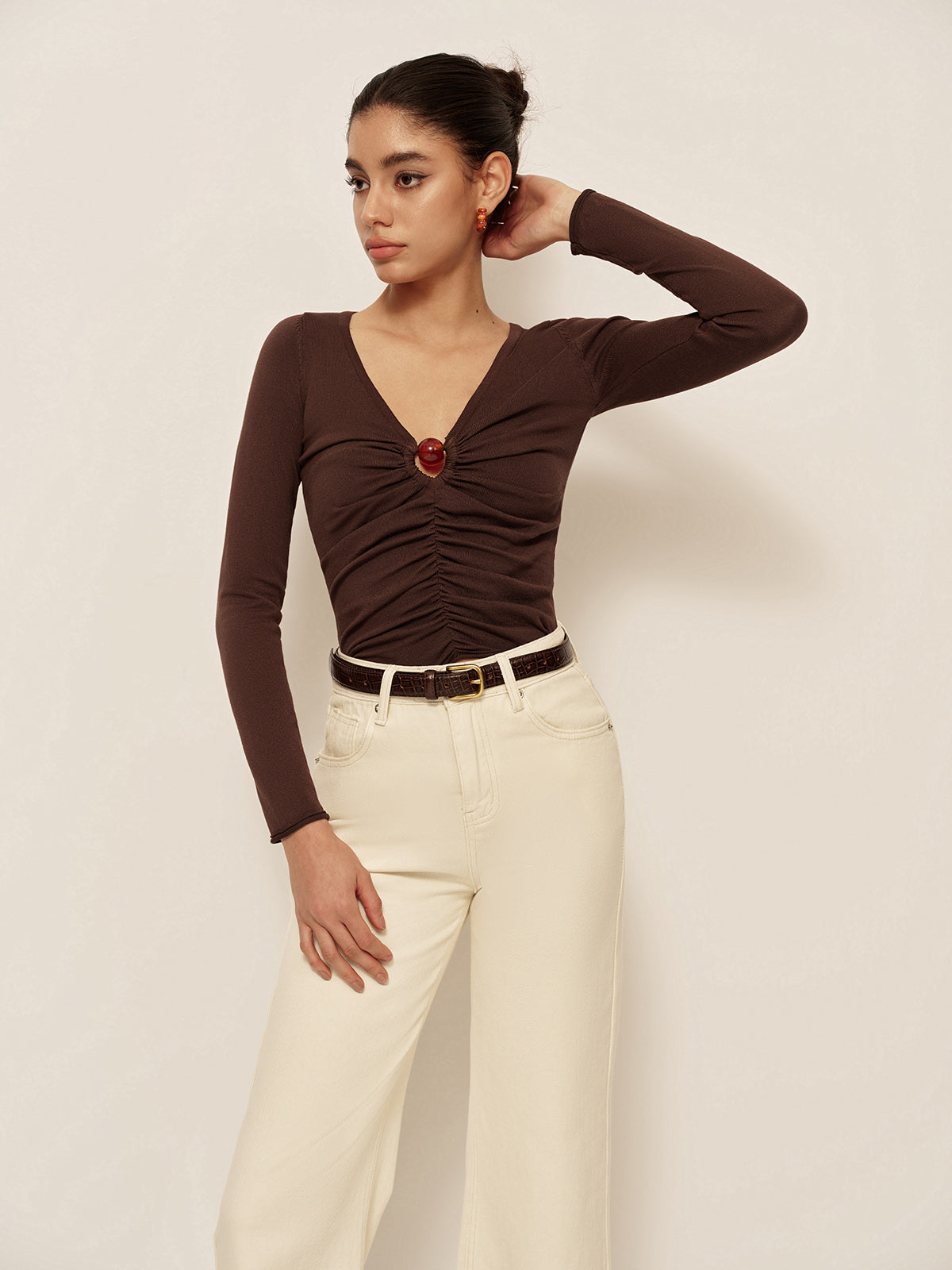 V Neck Cutout Pleated Slim Knit Top Knit Tops