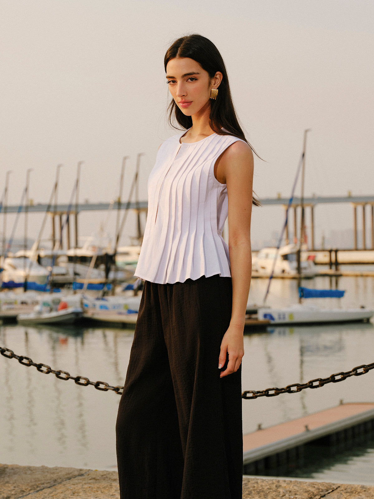 Cotton & Linen Pleated Back Tie Top Tank Tops & Camis