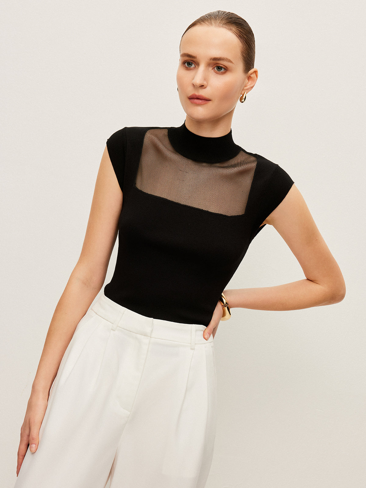 Mesh Panel Mock Neck Top Sweater Vests