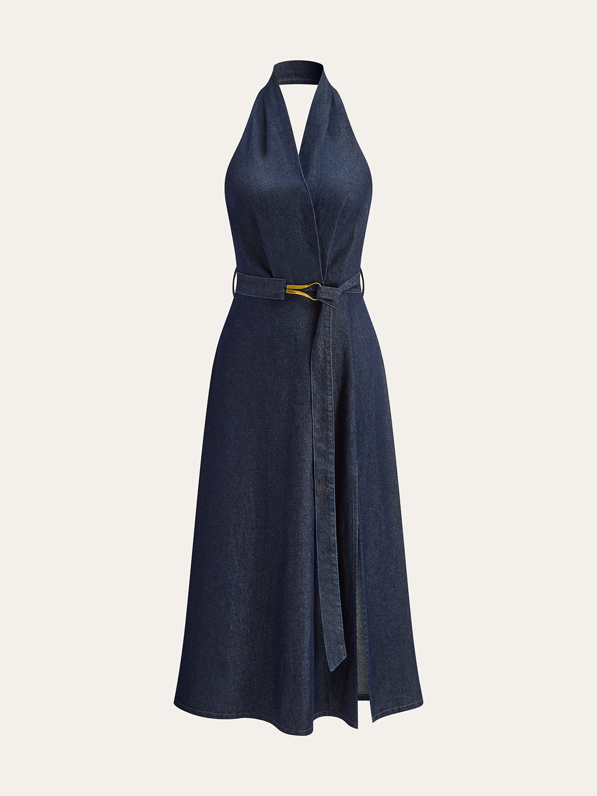 Denim Belted Halter Neck Midi Dress Denim Dresses