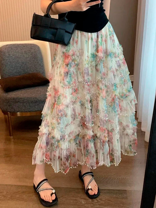 Beading Elegant Asymmetrical Mesh Tulle Skirt