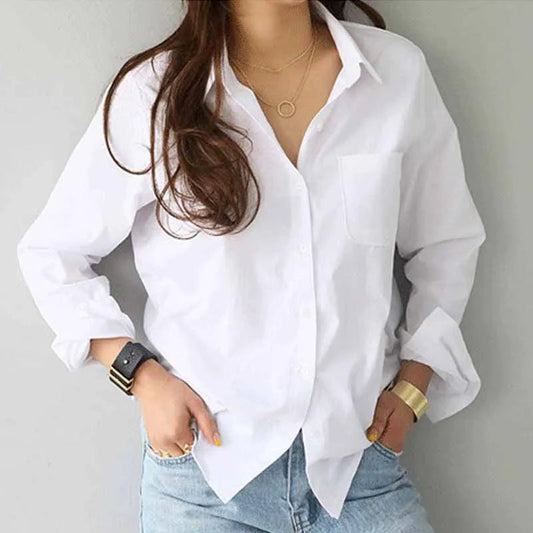 Cotton White Long Sleeve Button-up Bloshope