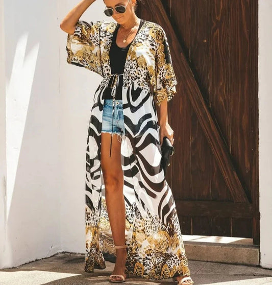 Chiffon Leopard Print Kimono Boho Beach Cover up