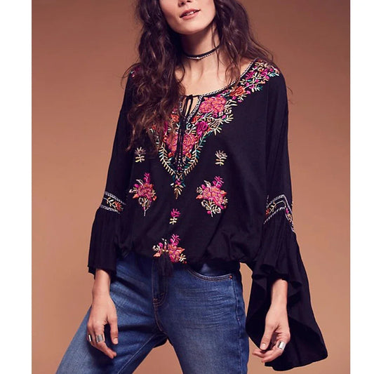 Floral Embroidered Flare Sleeve V-Neck Casual Boho Bloshope