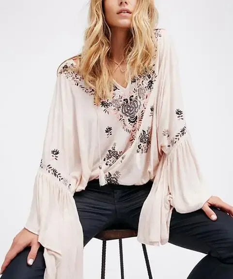 Floral Embroidered Flare Sleeve V-Neck Casual Boho Bloshope