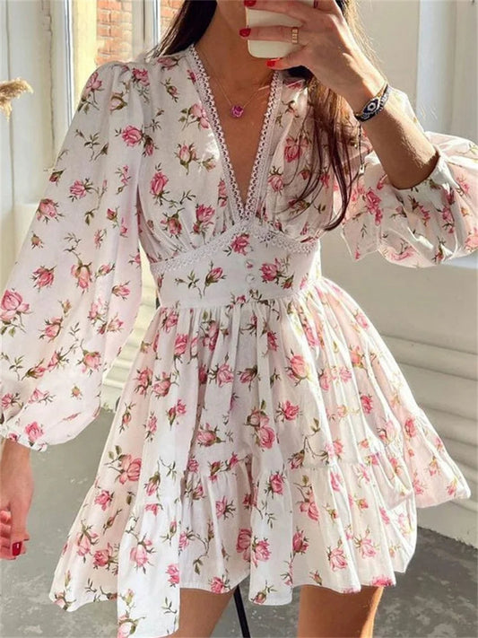 Floral Lantern-Sleeve Mini Dress