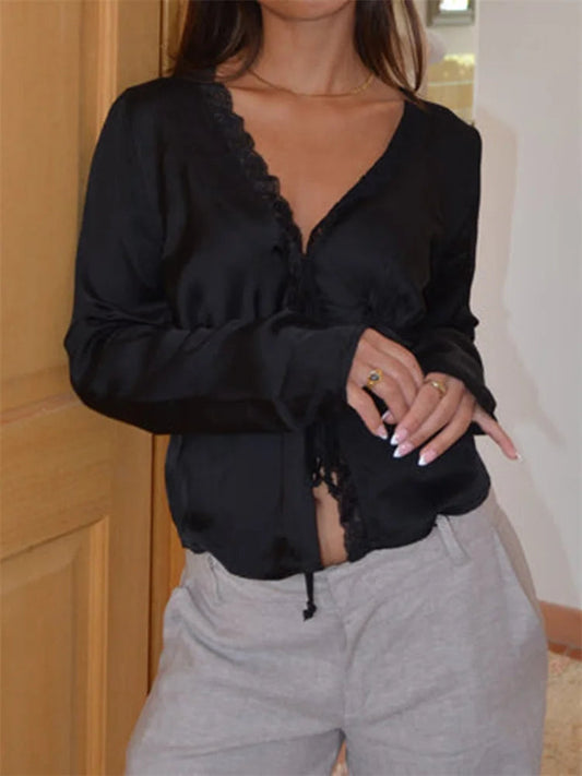 Lace Trim V-neck Tie-Up Bloshope