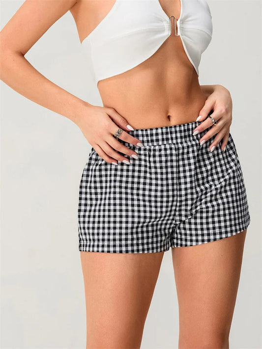Plaid Elastic Waist Loose Short