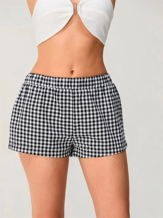 Plaid Elastic Waist Loose Short