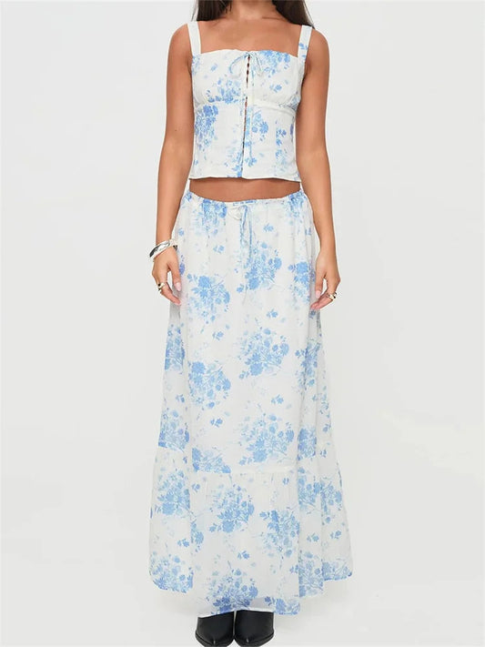 Retro Square Neck Button Up Tank Top Flower Print Long Skirt