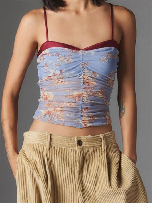 Ruched Floral Leopard Spaghetti Strap Crop Top