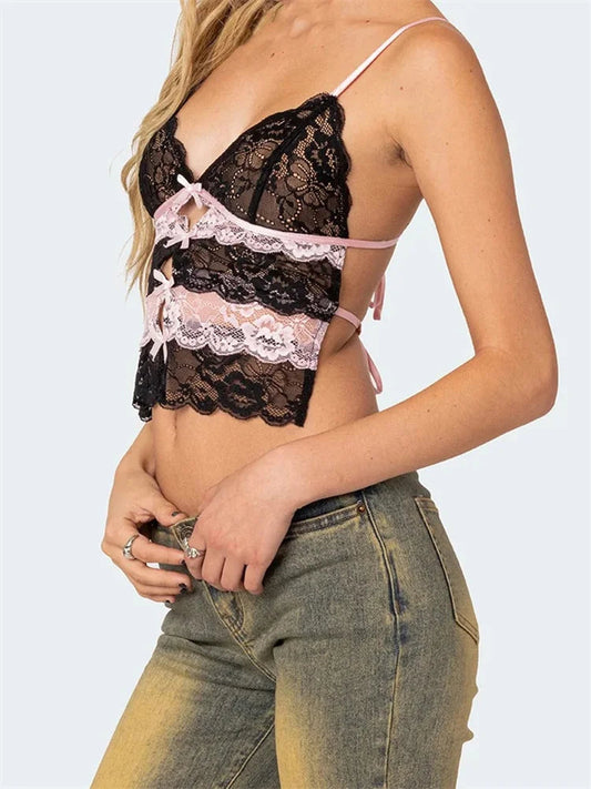 Slim Lace Bowknot Cutout Spaghetti Crop Top