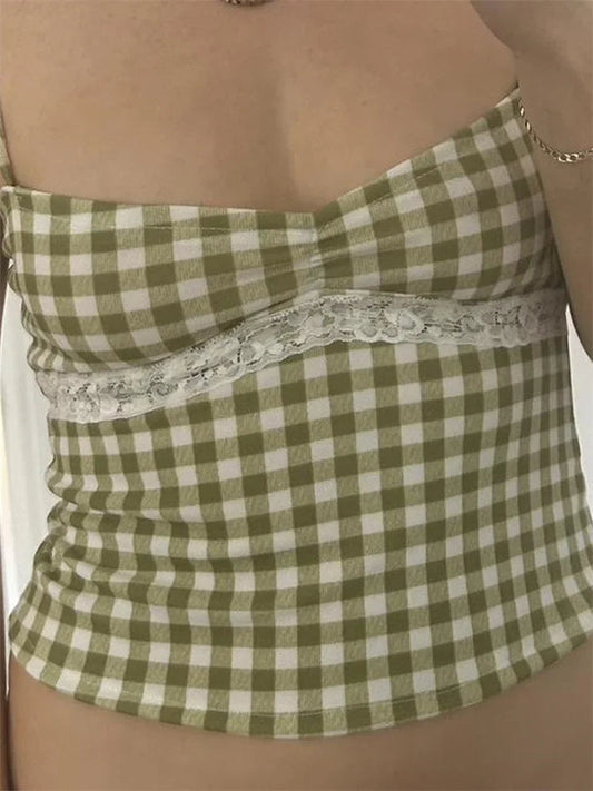 Vintage Plaid Lace Patchwork Spaghetti Crop Top