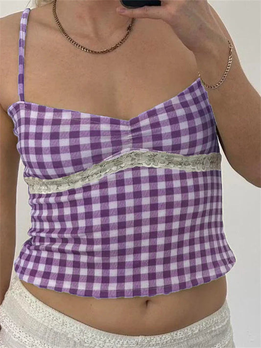 Vintage Plaid Lace Patchwork Spaghetti Crop Top