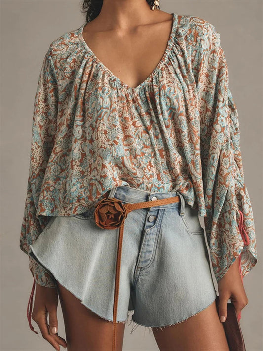 Floral Tie-Up Flare Sleeve Boho Bloshope