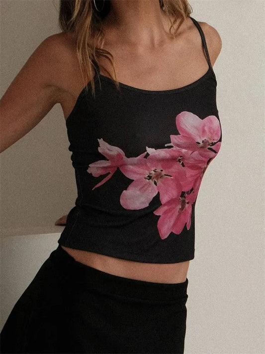 Slim Flower Print Spaghetti Strap Crop Top