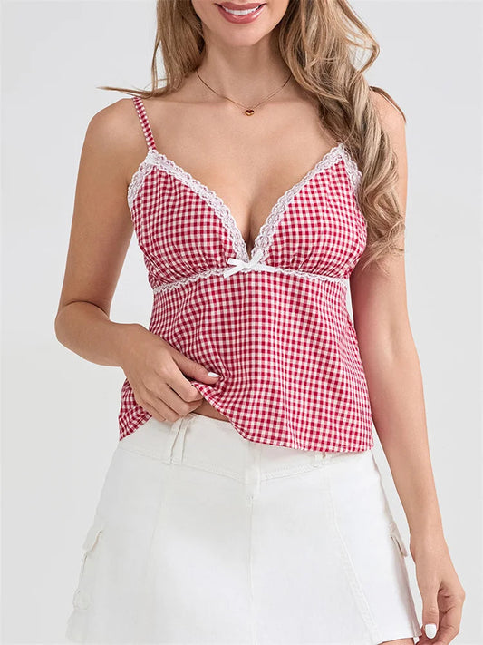 Plaid Lace Trim Spaghetti Strap Tank Crop Top