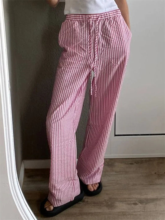 Striped Drawstring Loose Straight Summer Pant