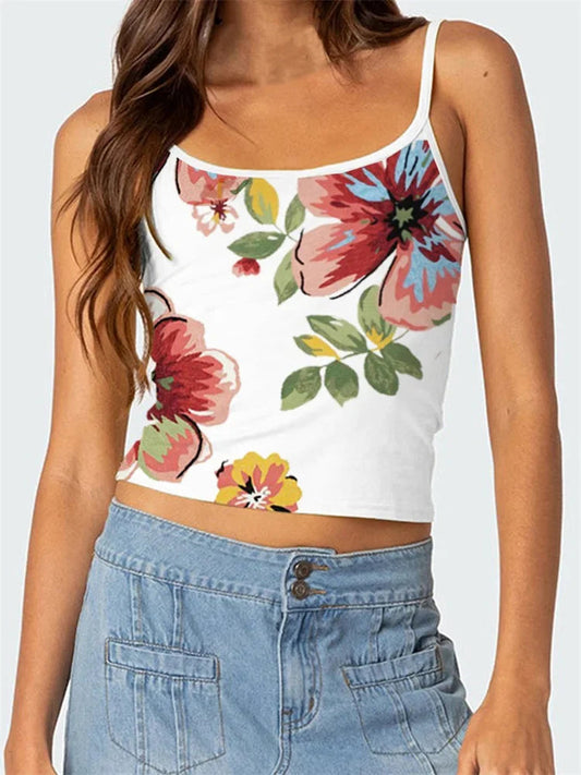 Floral Backless Spaghetti Strap Retro Crop Top
