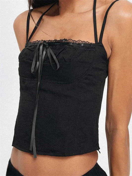 Slim Lace Trim Halter Tie-up Backless Crop Top