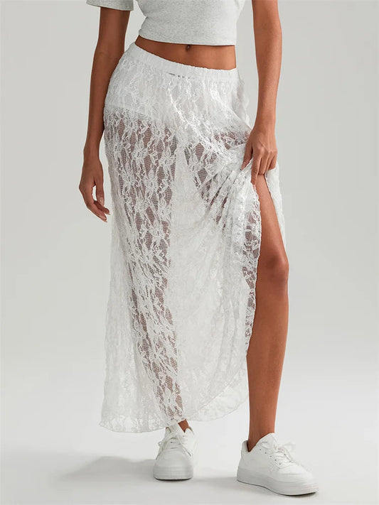 Fall Long Maxi Skirt Elastic Waist Lace Floral Casual Skirt