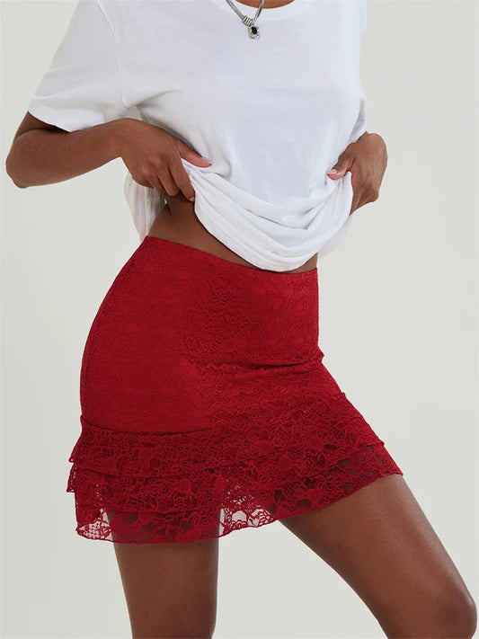 Lace Flower Sheer Ruffles Skirt