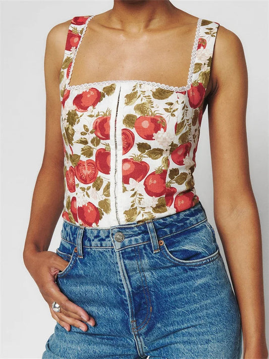Button-up Square Neck Lace Floral Crop Top